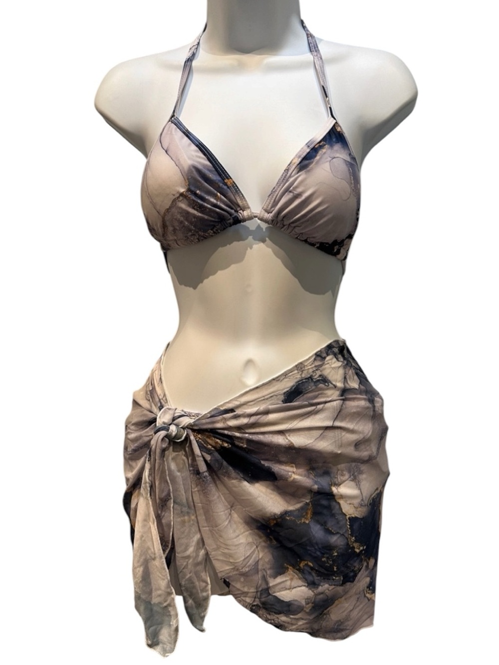 Purple Lavender Marble 3-Piece Bikini Set with Sheer Cover Up Skirt XSmall NWOT